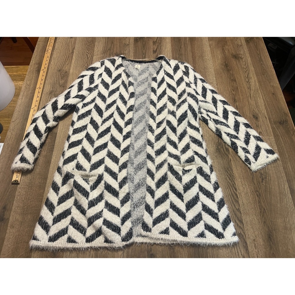A.Moon Sweater, Women's Size XL, Black White, Herringbone, Open Cardigan, Pocket
